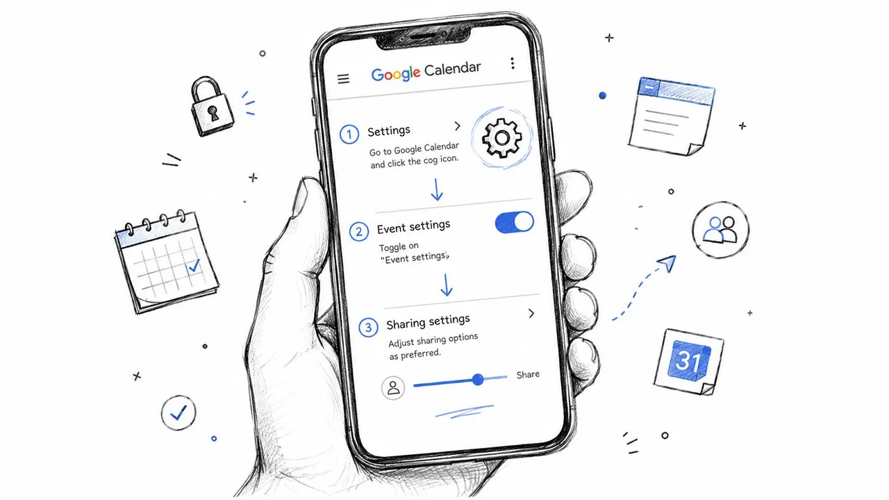 Ilustração de uma mão segurando um telefone mostrando os passos para acessar as configurações de privacidade do Google Calendar.