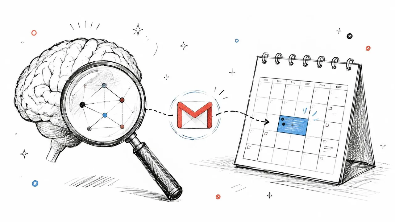 Ilustração de um cérebro, um ícone do Gmail e um calendário, representando como eventos de e-mail sincronizam com o Google Calendar.