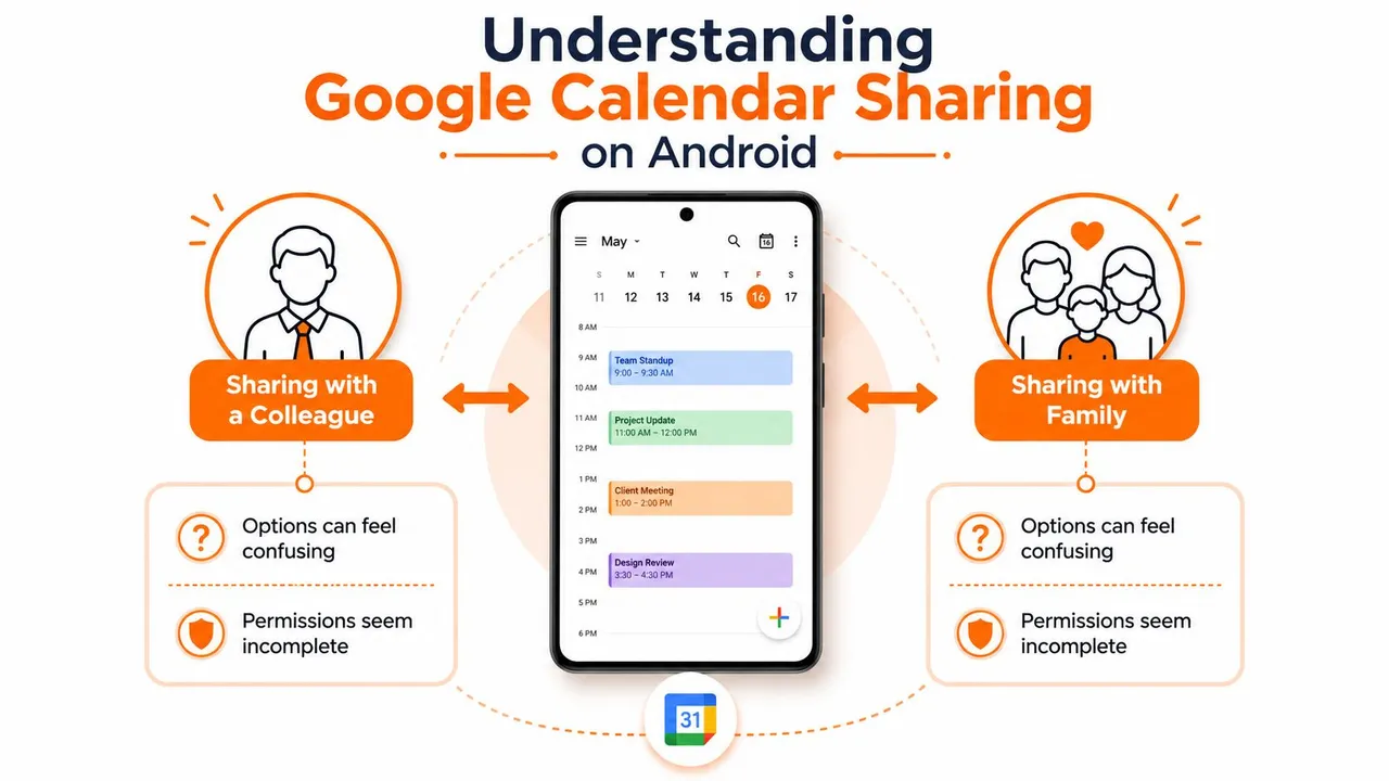 A diagram illustrating Google Calendar sharing on Android between colleagues and family members with associated permission concerns.