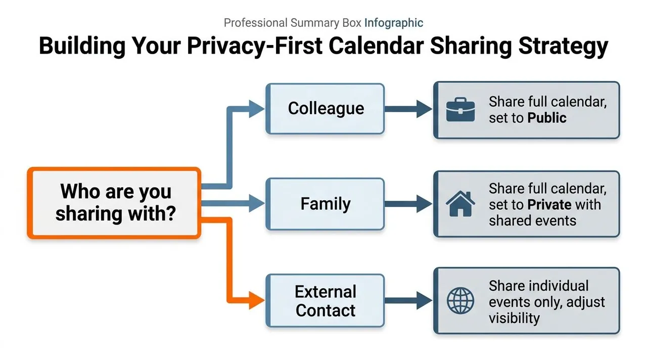 An infographic diagram outlining a privacy-first calendar sharing strategy for colleagues, family, and external contacts.