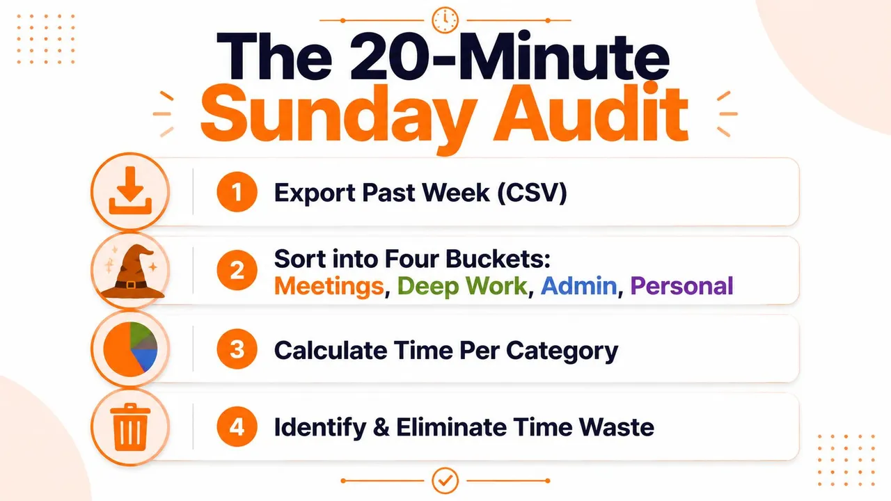 Une infographie intitulée L'audit du dimanche de 20 minutes décrivant quatre étapes pour analyser et optimiser la gestion du temps hebdomadaire.
