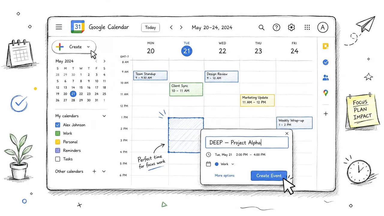 Capture d'écran de Google Calendar montrant un utilisateur créant un nouvel événement intitulé DEEP - Project Alpha.