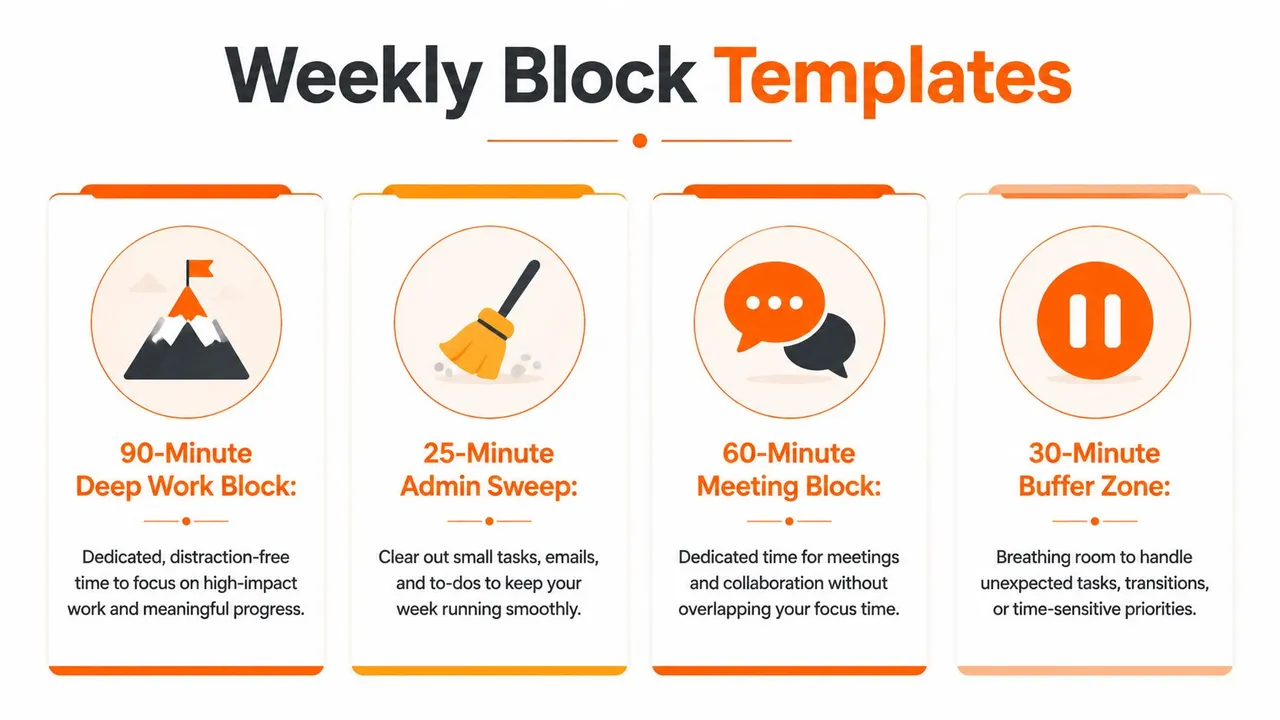 Un guide visuel pour les modèles de blocs hebdomadaires incluant travail de fond, tâches administratives, réunions et zones tampons.