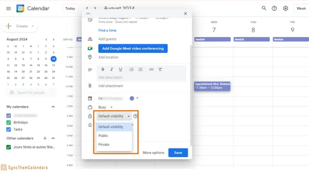 Ajustes de visibilidad de eventos en Google Calendar