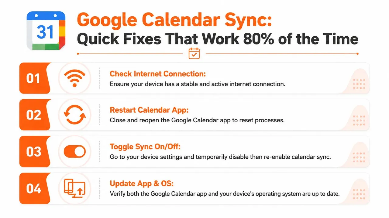 Une liste de quatre conseils de dépannage rapides pour résoudre les problèmes de synchronisation de Google Calendar sur les appareils mobiles.