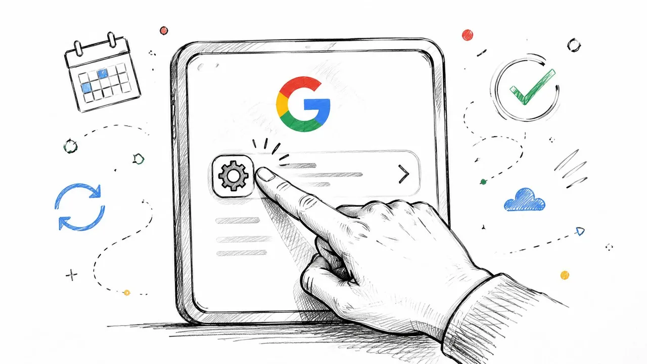Une main interagissant avec une tablette numérique montrant les paramètres Google pour résoudre les problèmes de synchronisation de calendrier.