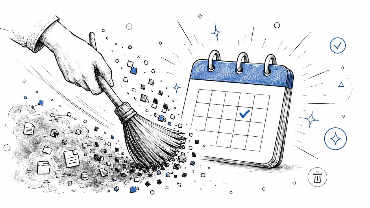 Une main utilisant un balai pour balayer les débris numériques d'une illustration de calendrier propre.
