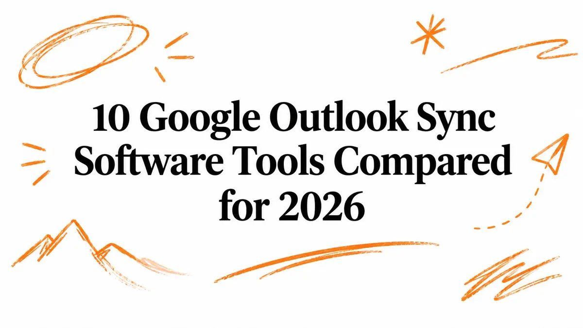 Illustration with the text 10 Google Outlook Sync Software Tools Compared for 2026 decorated with orange doodles.
