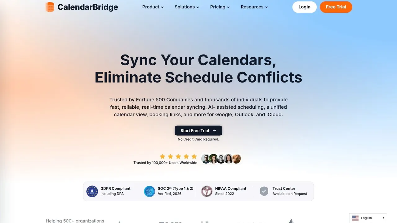 Capture d'écran de la page d'accueil de CalendarBridge présentant les fonctions de synchronisation Google, Outlook et iCloud.