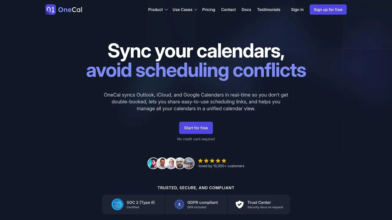 Capture d'écran de la page d'accueil de OneCal présentant la synchronisation pour Google Calendar, Outlook et iCloud.
