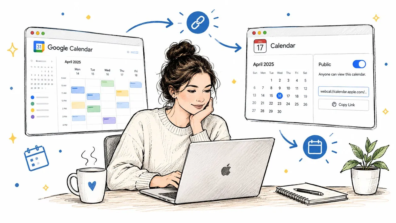 ノートパソコンでApple CalendarのwebcalフィードをGoogle Calendarにリンクする様子を描いたイラスト。