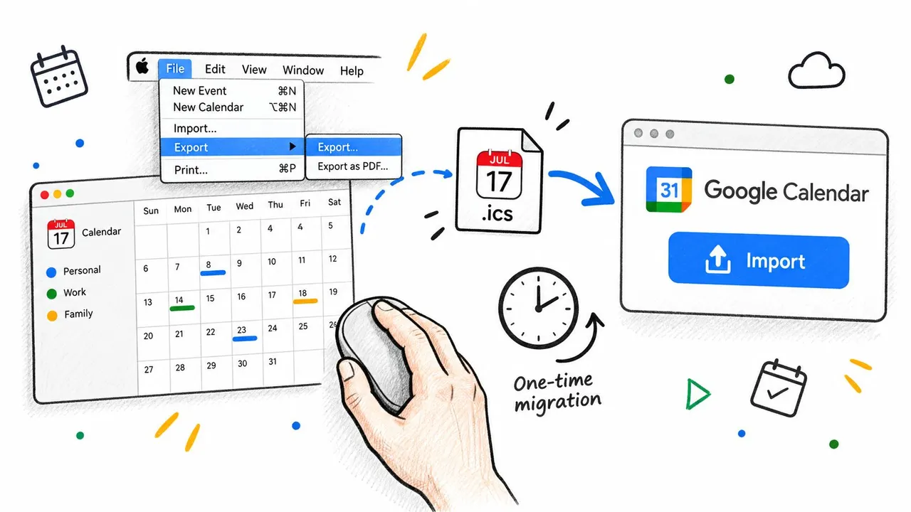 Apple Calendarのファイルをエクスポートし、1回限りの移行のためにGoogle Calendarへインポートする方法を示す図。