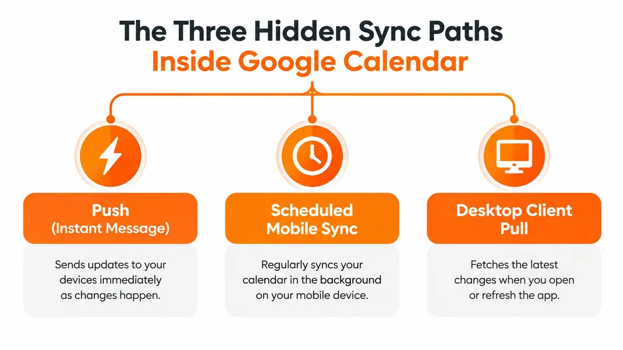 Un'infografica intitolata I tre percorsi di sincronizzazione nascosti in Google Calendar che mostra la sincronizzazione push, mobile e desktop.