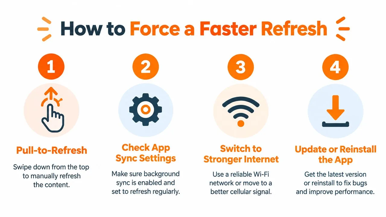 Un'infografica guida che mostra quattro passaggi per forzare un aggiornamento più rapido dell'app, inclusi suggerimenti manuali, sulle impostazioni e sulla connettività.