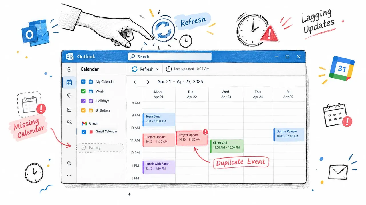 Eine Hand, die technische Probleme bei der Synchronisierung des Gmail-Kalenders mit Microsoft Outlook illustriert und fehlende sowie doppelte Termine hervorhebt.
