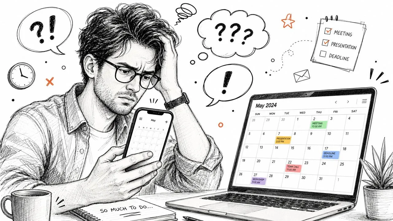 Ein gestresster Mann schaut auf sein Smartphone und einen Computer-Kalender, der mit zahlreichen Arbeitsaufgaben gefüllt ist.
