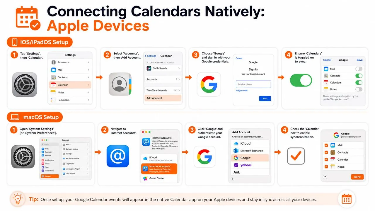 Eine Schritt-für-Schritt-Infografik, die zeigt, wie man einen Google Calendar mit nativen iOS- und macOS-Anwendungen verbindet.
