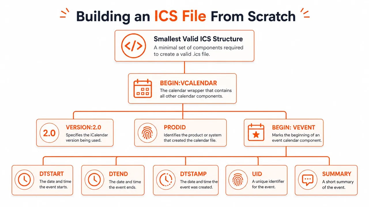 A flowchart diagram illustrating the minimal required components and structure to create a valid ICS calendar file.