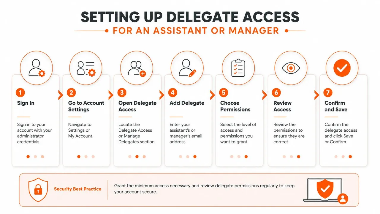 Un'infografica passo dopo passo che mostra come configurare l'accesso come delegato per un assistente o un manager in sette passaggi.