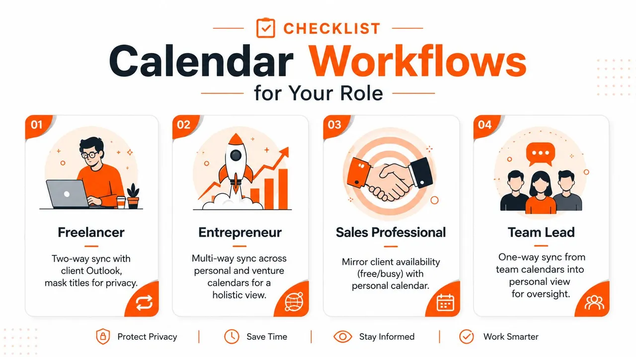 Eine Checklisten-Grafik, die Strategien zur Synchronisierung von Kalender-Workflows zeigt, die auf Freiberufler, Unternehmer, Vertriebsprofis und Teamleiter zugeschnitten sind.