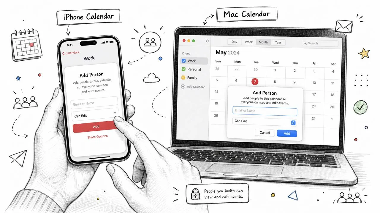 Une main tenant un iPhone tandis qu'un Mac affiche des instructions sur la façon de partager des événements de calendrier iCloud.