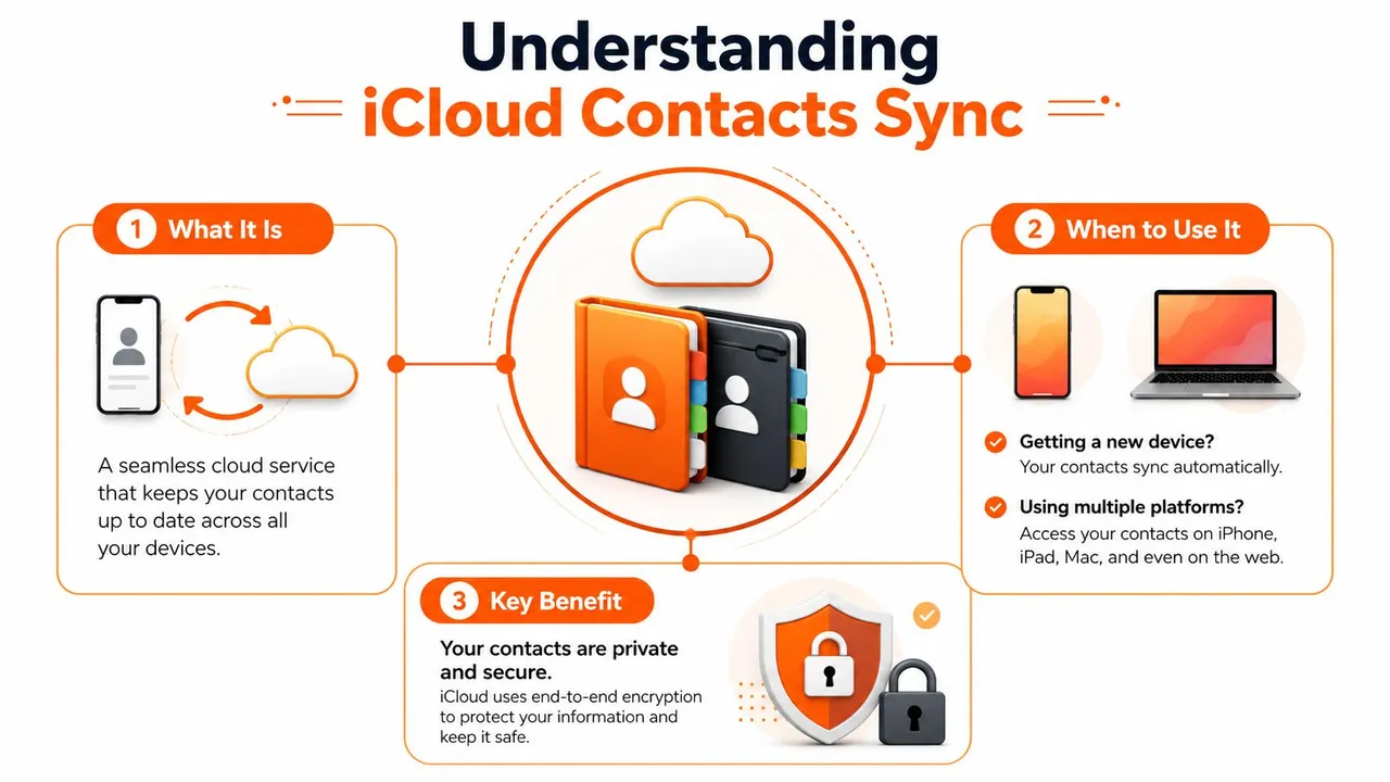 Eine Infografik, die erklärt, wie die iCloud-Kontaktsynchronisierung funktioniert, ihre Hauptvorteile und wann man sie verwendet.