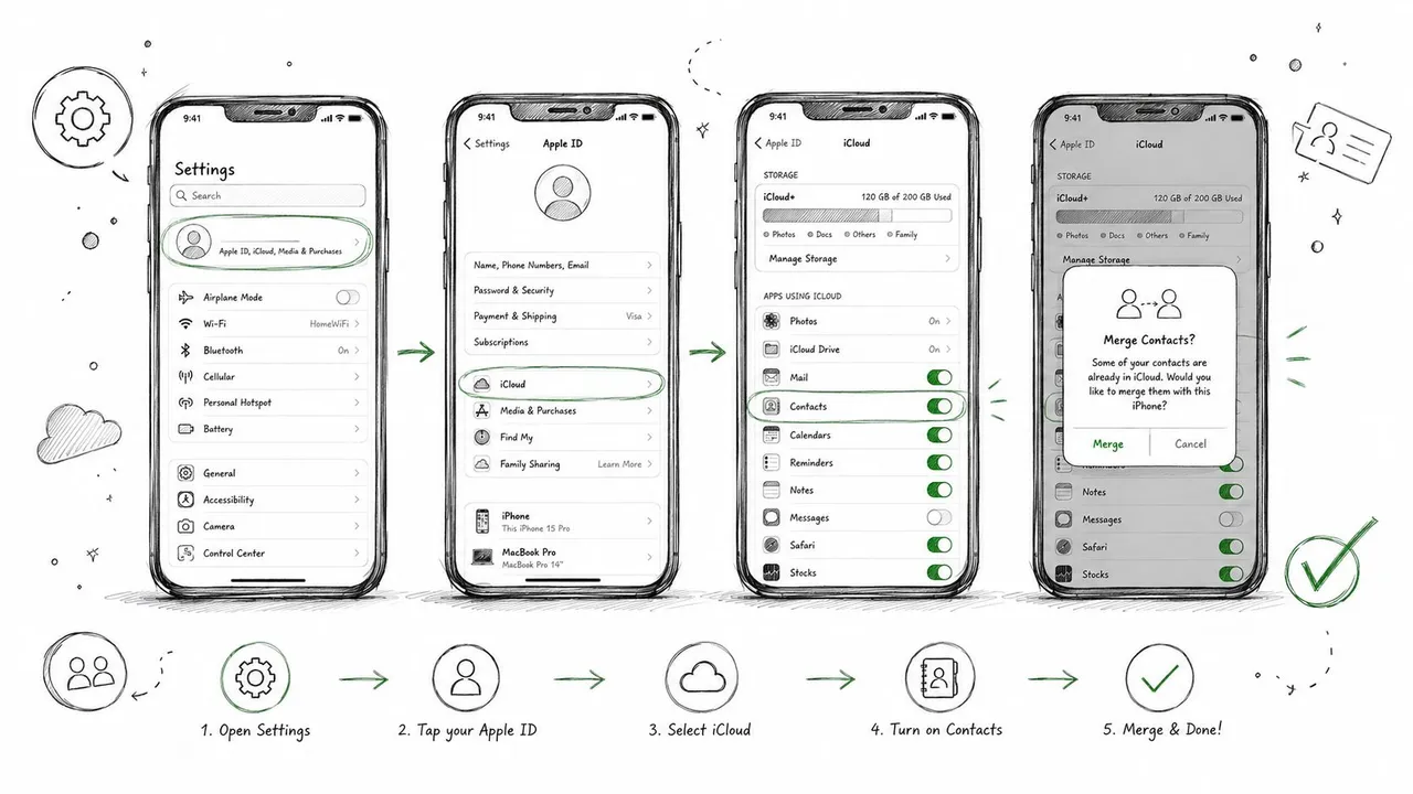 Eine Schritt-für-Schritt-Anleitung, die zeigt, wie man Kontakte mit iCloud über die iPhone-Einstellungsmenüs synchronisiert.