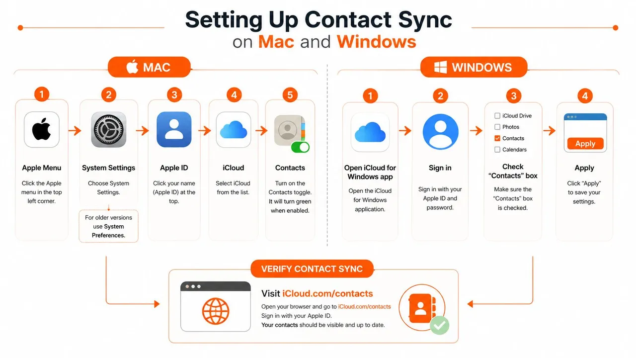Eine Schritt-für-Schritt-Anleitung, die veranschaulicht, wie man Kontakte mit iCloud sowohl auf Mac- als auch auf Windows-Betriebssystemen synchronisiert.