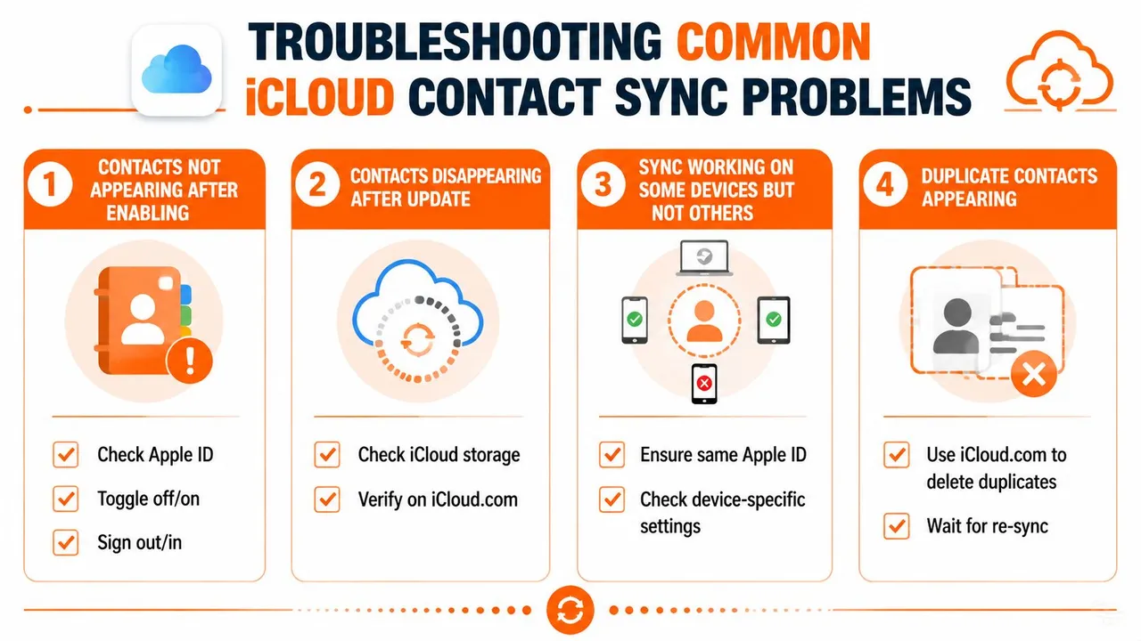 Eine Infografik zur Fehlerbehebung, die vier häufige Probleme bei der iCloud-Kontaktsynchronisierung und deren jeweilige Lösungen für Apple-Benutzer veranschaulicht.
