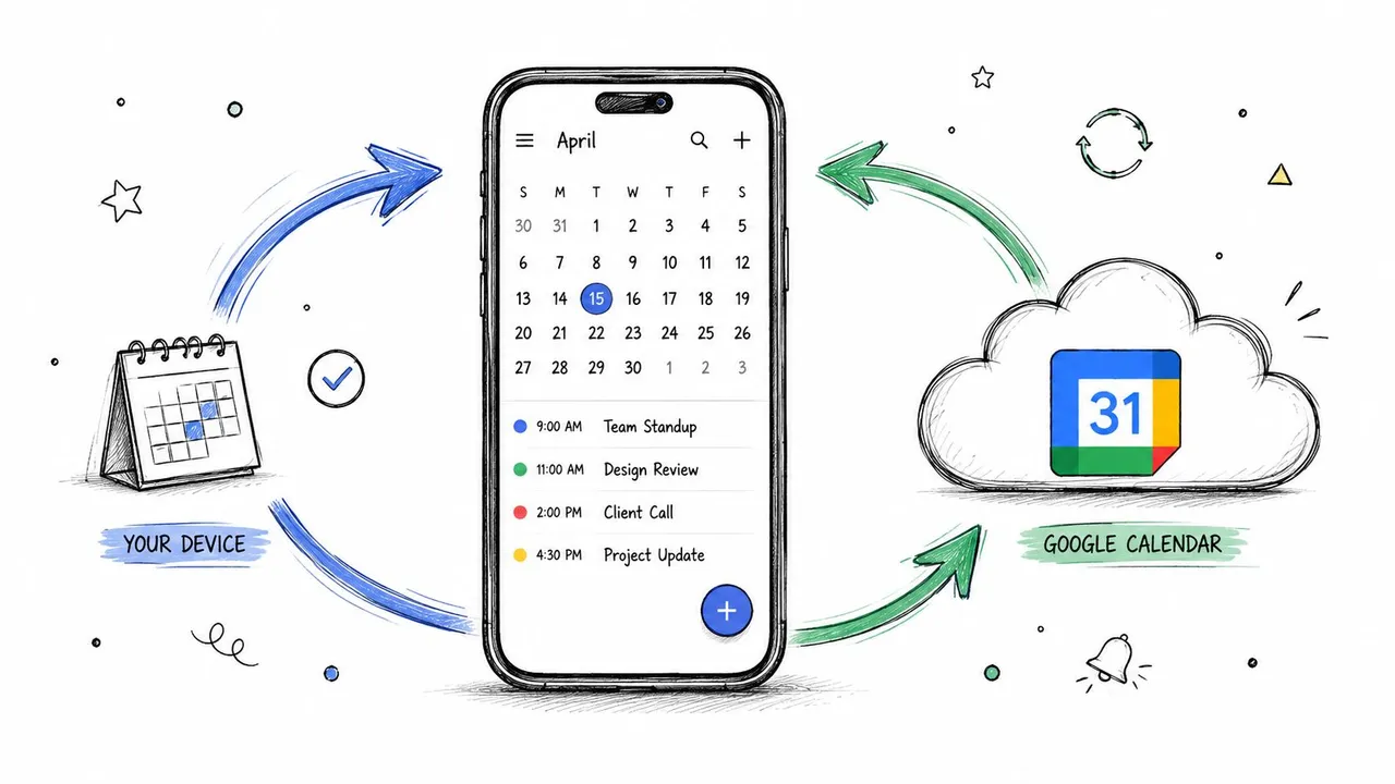 Eine handgezeichnete Illustration, die zeigt, wie man einen Smartphone-Kalender mit Google Calendar in der Cloud synchronisiert.