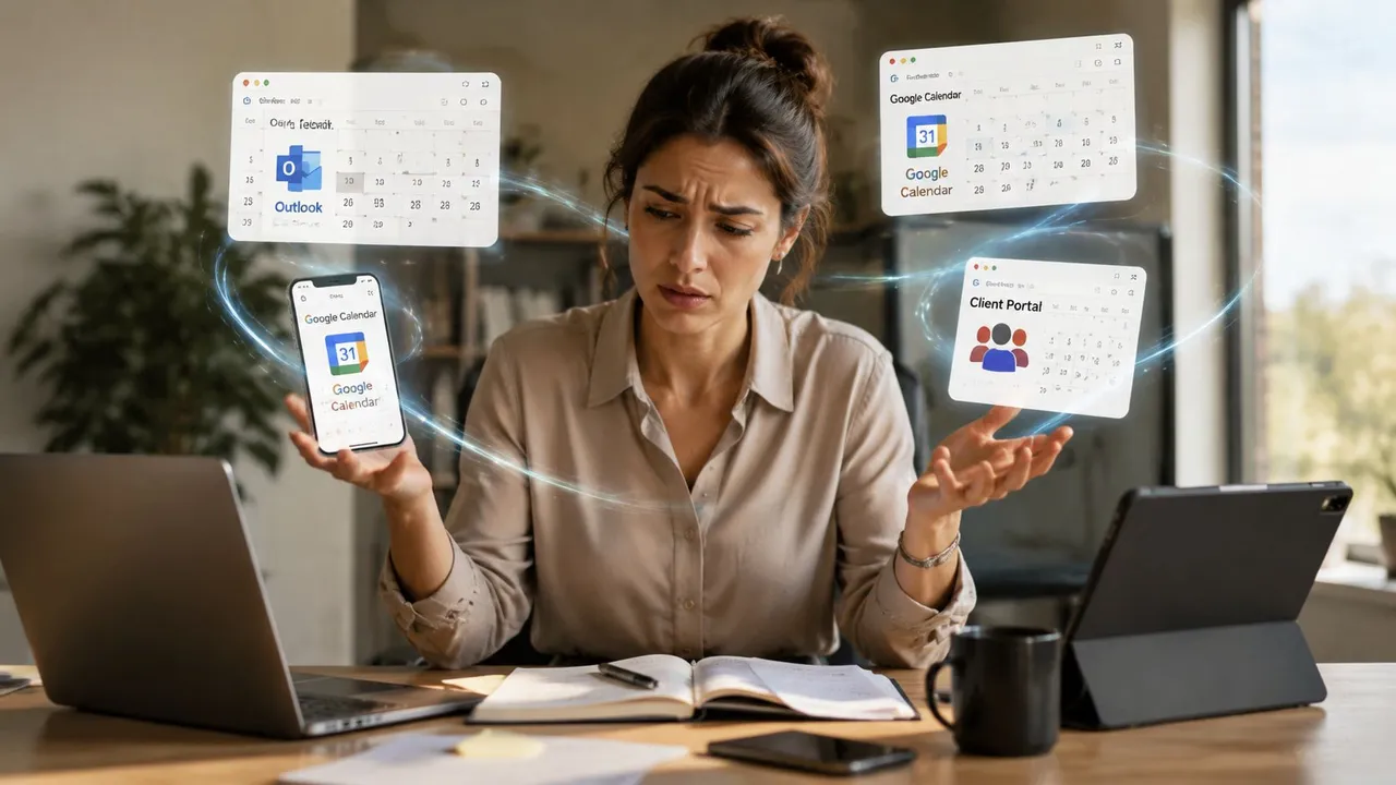 Uma mulher sobrecarregada por gerenciar vários calendários digitais díspares em vários dispositivos e plataformas em seu escritório.