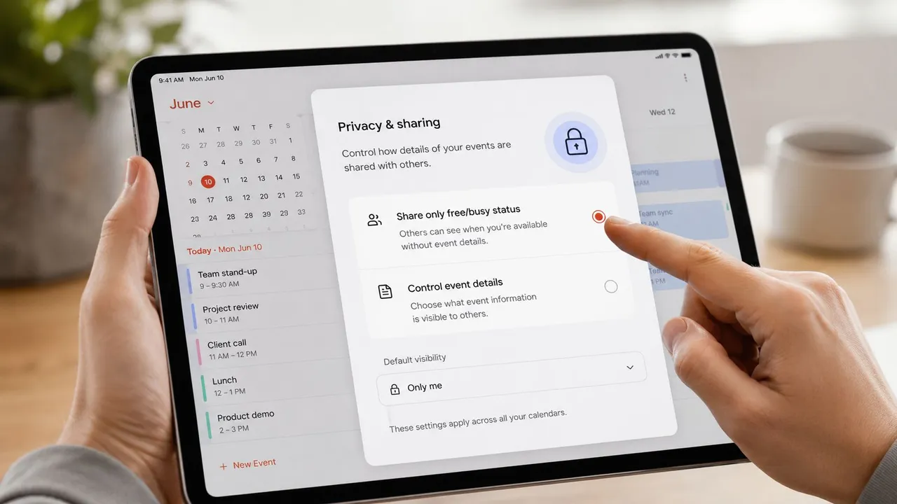 Uma pessoa usando um tablet para configurar as definições de privacidade e partilha na interface da aplicação Google Calendar.