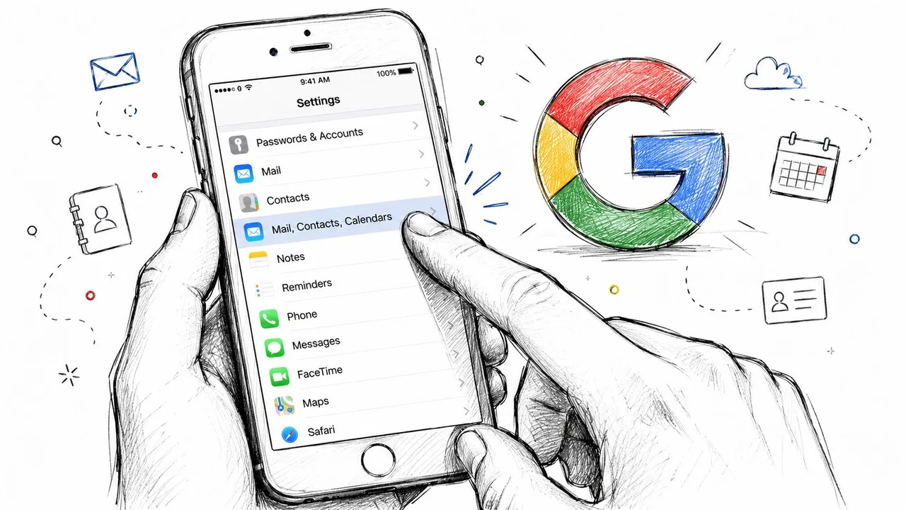 Una mano seleccionando ajustes en la pantalla de un iPhone, ilustrando cómo sincronizar contactos y calendarios de Google.