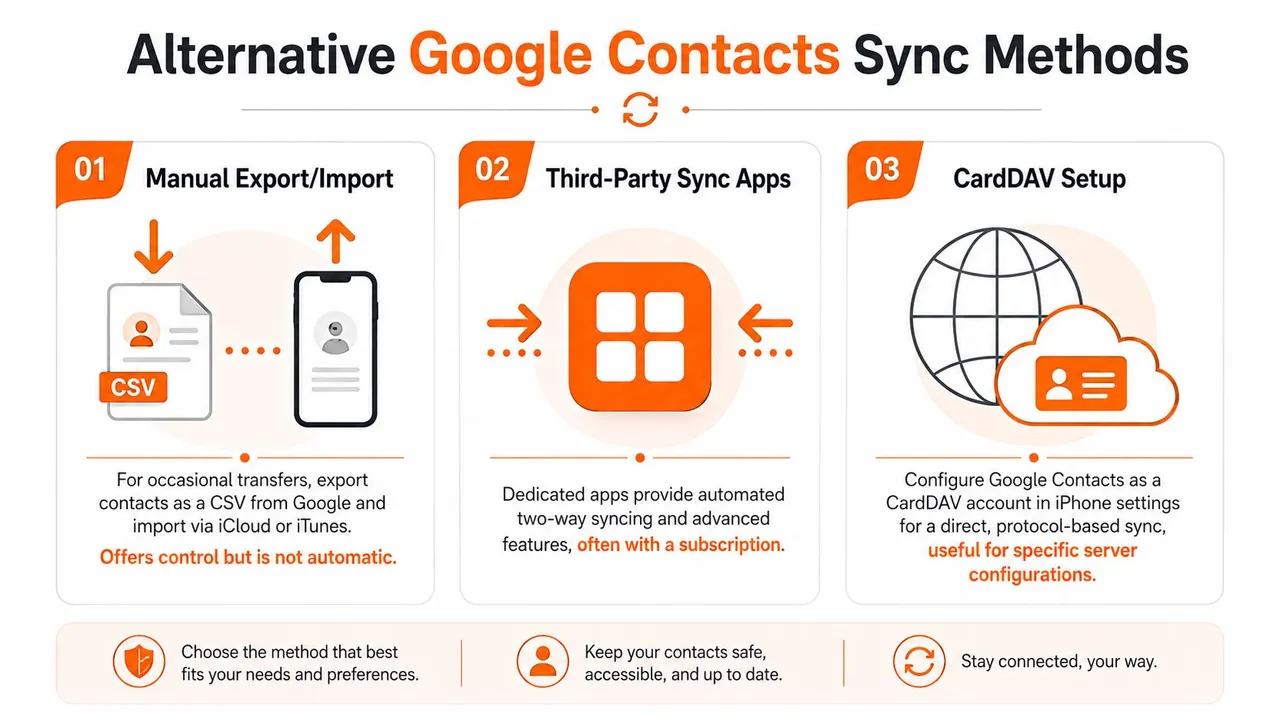 Una infografía que ilustra tres métodos diferentes para sincronizar Google Contacts con un dispositivo iPhone de manera efectiva.