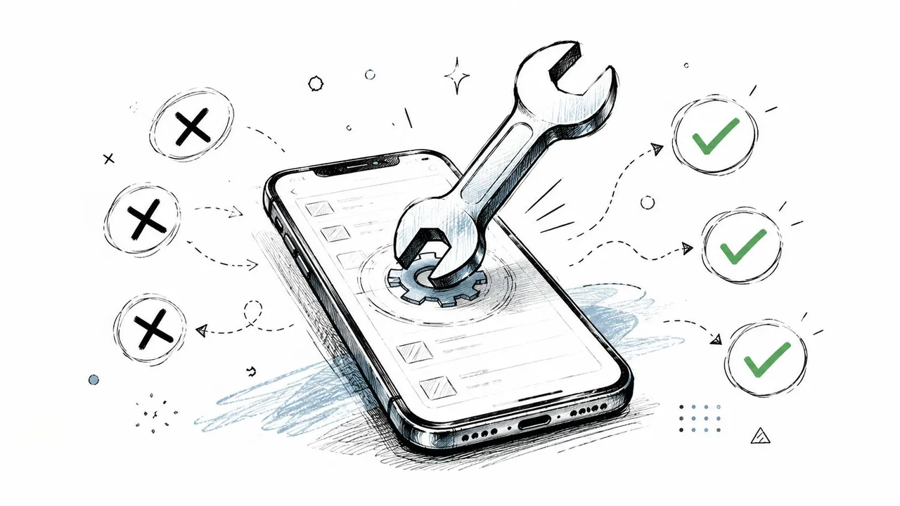 Un boceto conceptual que muestra un smartphone siendo reparado por una llave inglesa, rodeado de marcas de verificación y equis.