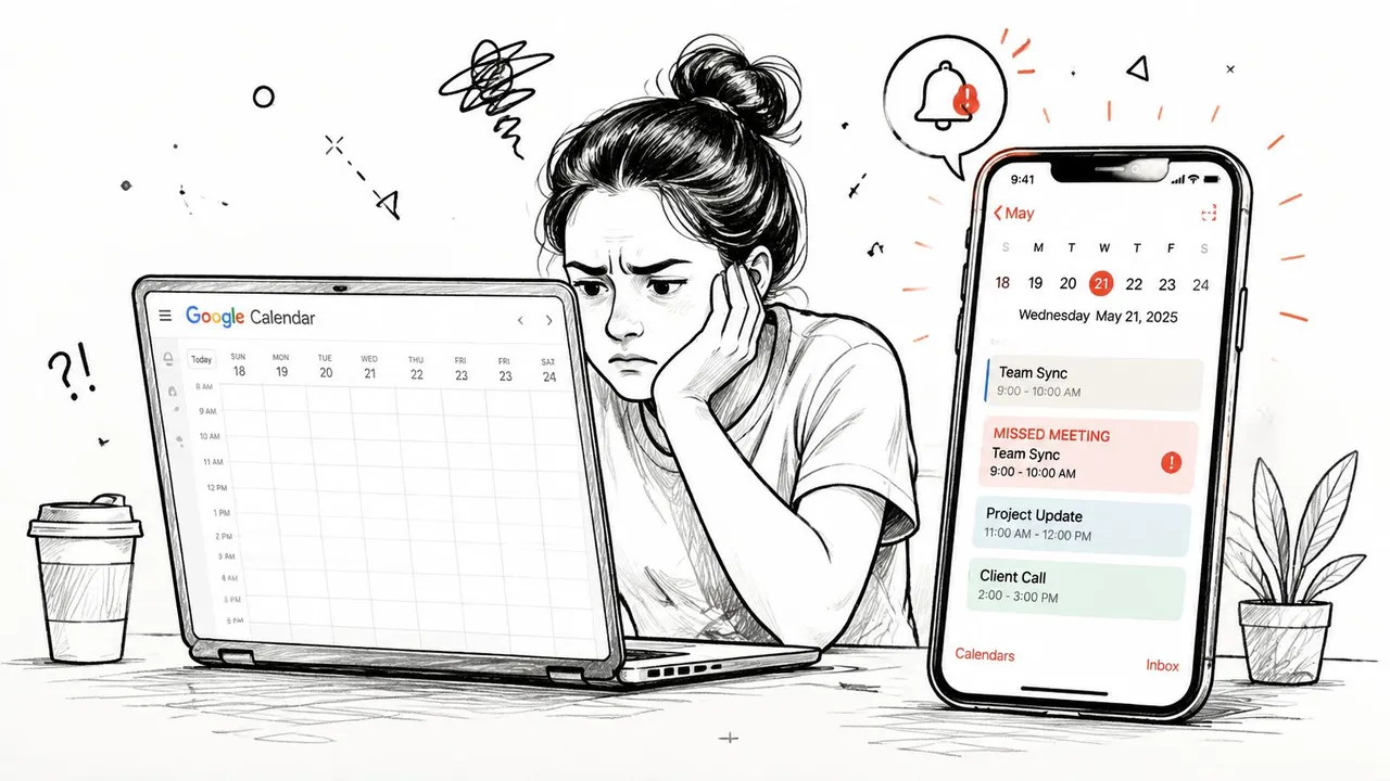 A stressed woman looking at a laptop and smartphone screen displaying calendar notifications and missed meetings.