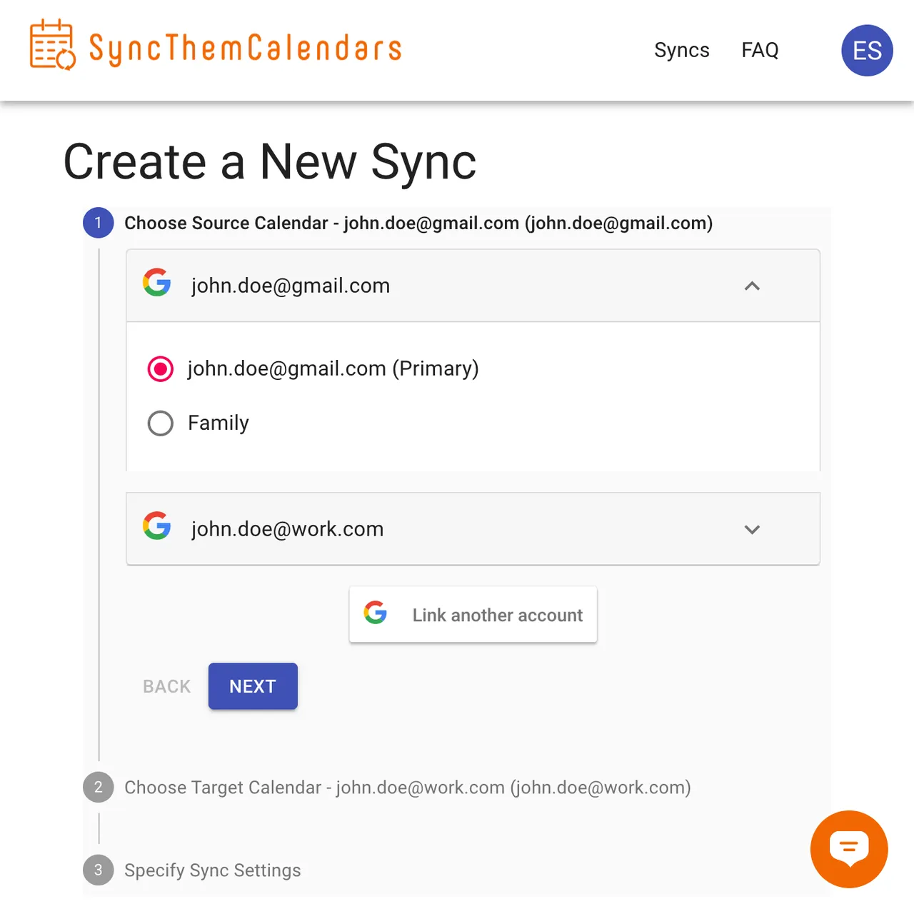 Captura de pantalla de crear sincronización