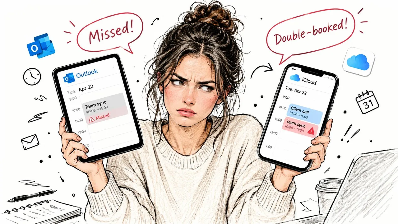 OutlookとiCloudのカレンダーの予定が競合し、困惑した表情で2台のスマートフォンを持つ女性。