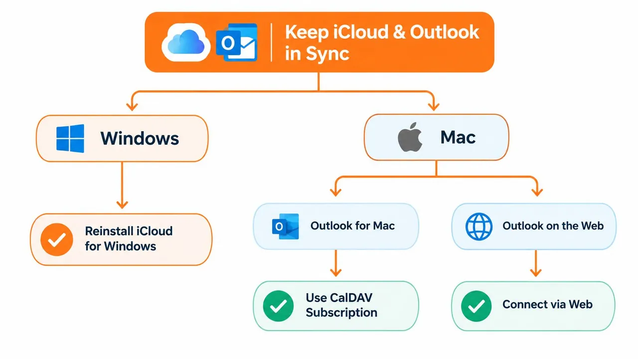Ein Flussdiagramm, das die Schritte zur Fehlerbehebung zeigt, um iCloud- und Outlook-Kalender unter Windows- und Mac-Betriebssystemen zu synchronisieren.