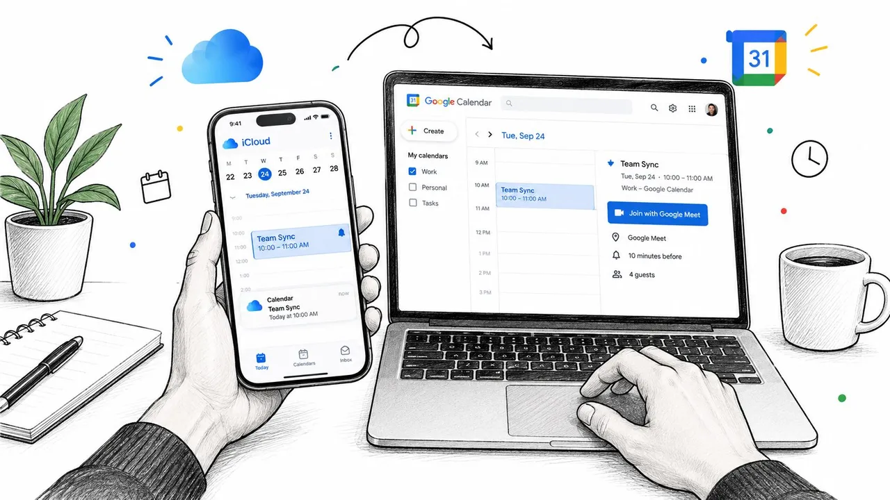 A person using a smartphone and laptop to sync iCloud and Google Calendar events on a desk.