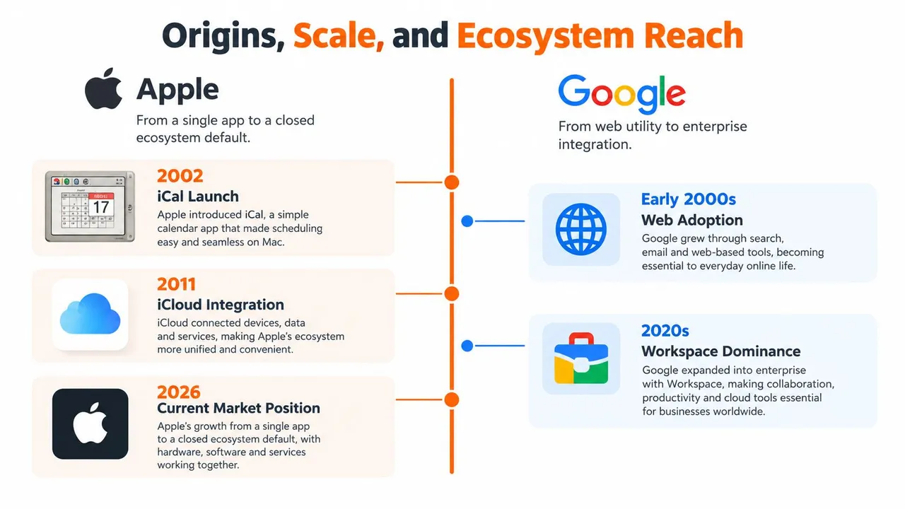 A timeline chart comparing the evolution of Apple and Google ecosystems from their origins to market dominance.