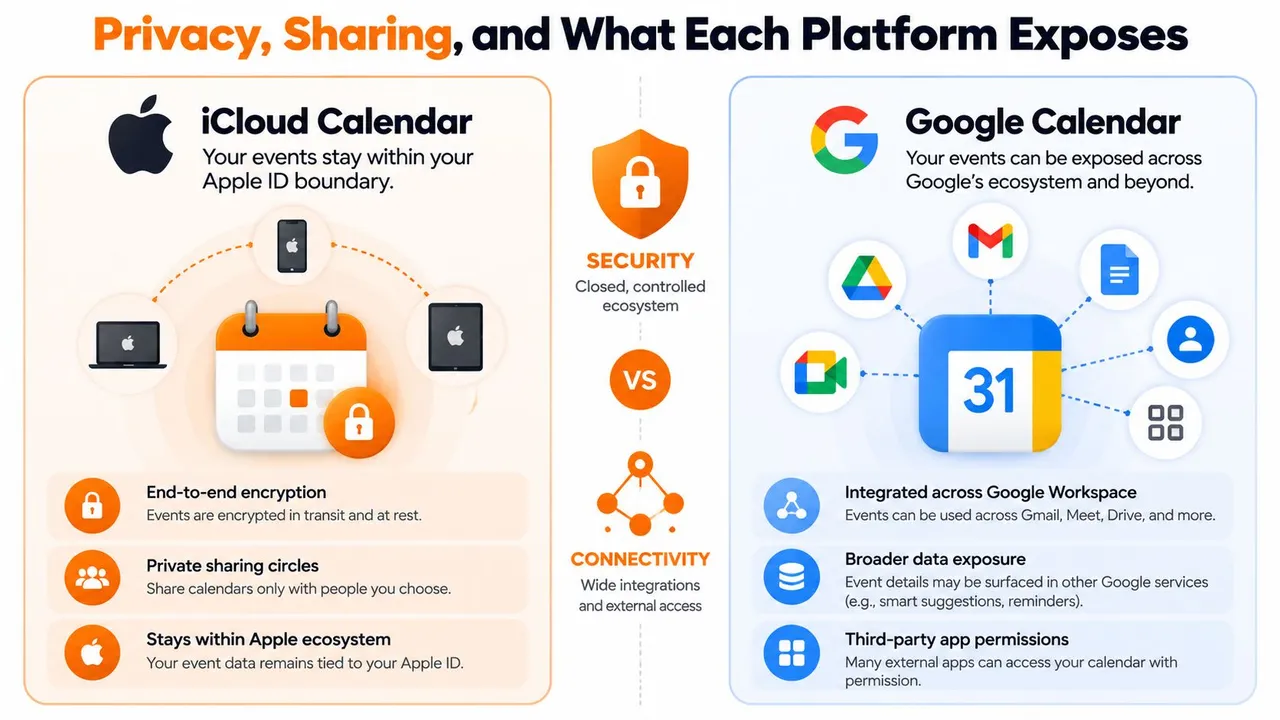 An infographic comparing Apple iCloud Calendar privacy and Google Calendar integration features and data exposure.