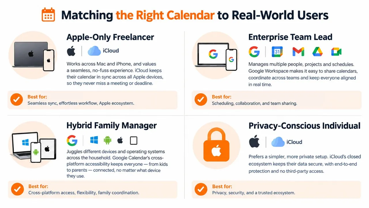 A comparison infographic matching different types of users to either iCloud or Google Calendar based on their needs.