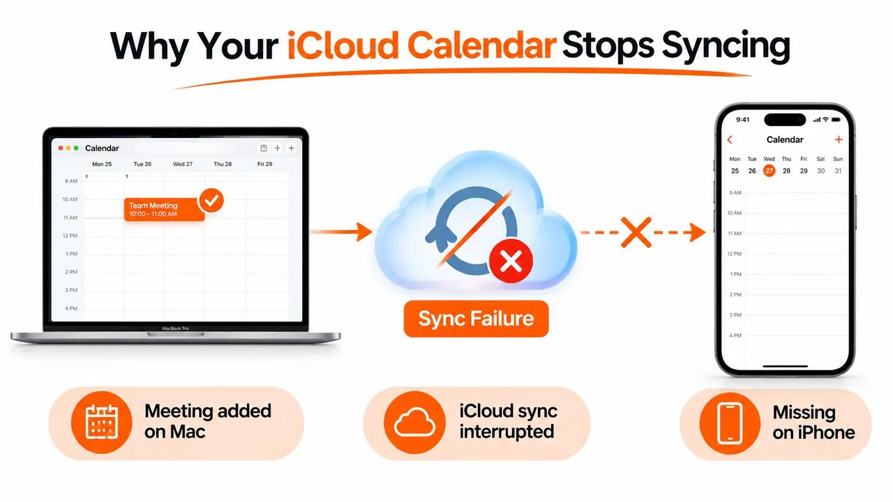 Ein Diagramm, das einen Synchronisierungsfehler zwischen einem MacBook und einem iPhone für iCloud-Kalenderereignisse veranschaulicht.