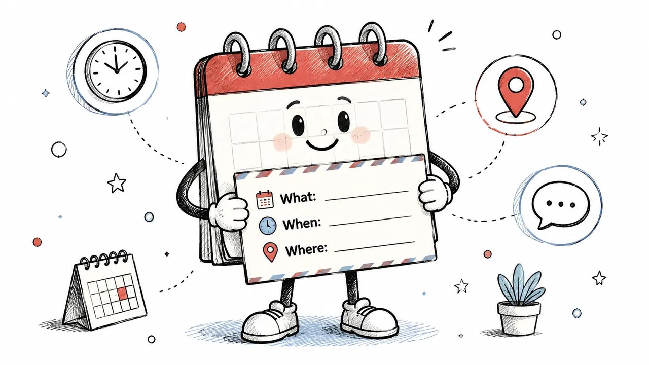 Un personaje de calendario de dibujos animados amigable sosteniendo un letrero que solicita detalles del evento sobre qué, cuándo y dónde.