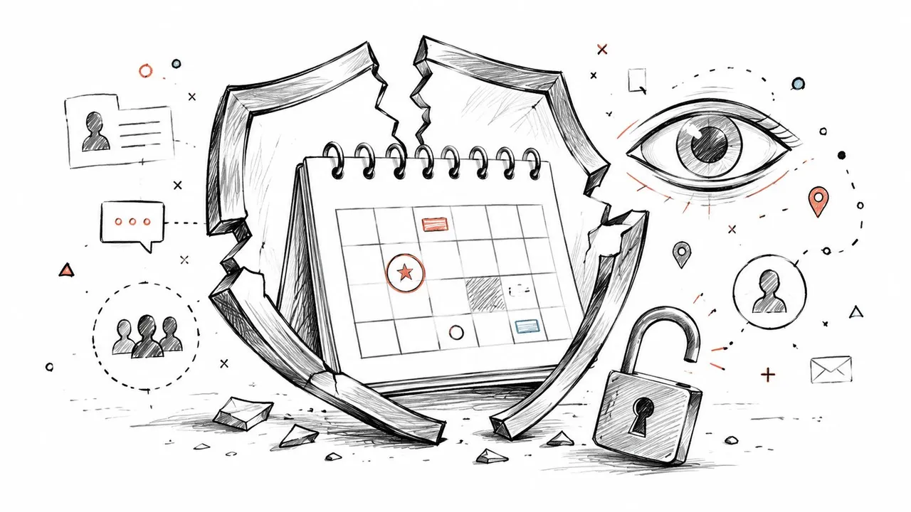 Un escudo roto protegiendo un calendario con un candado abierto y un ojo vigilante que representa la seguridad de los datos.