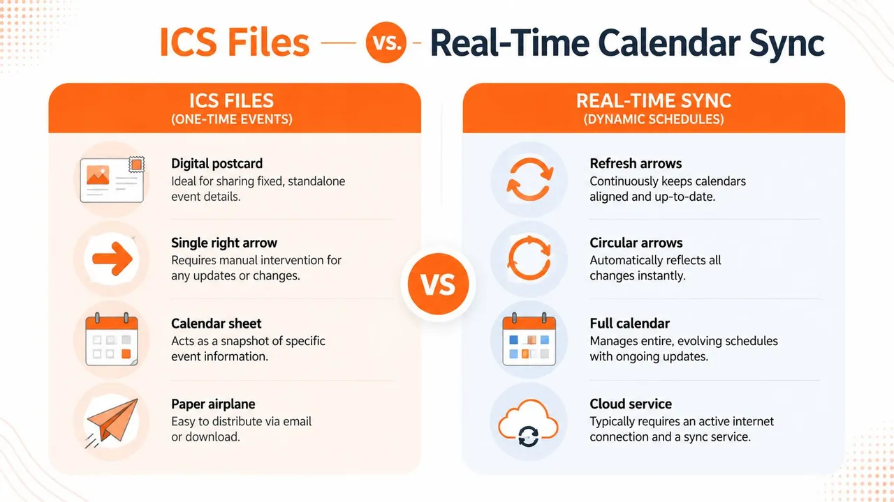 Una infografía comparativa entre archivos ICS para eventos únicos y sincronización de calendario en tiempo real para horarios dinámicos.