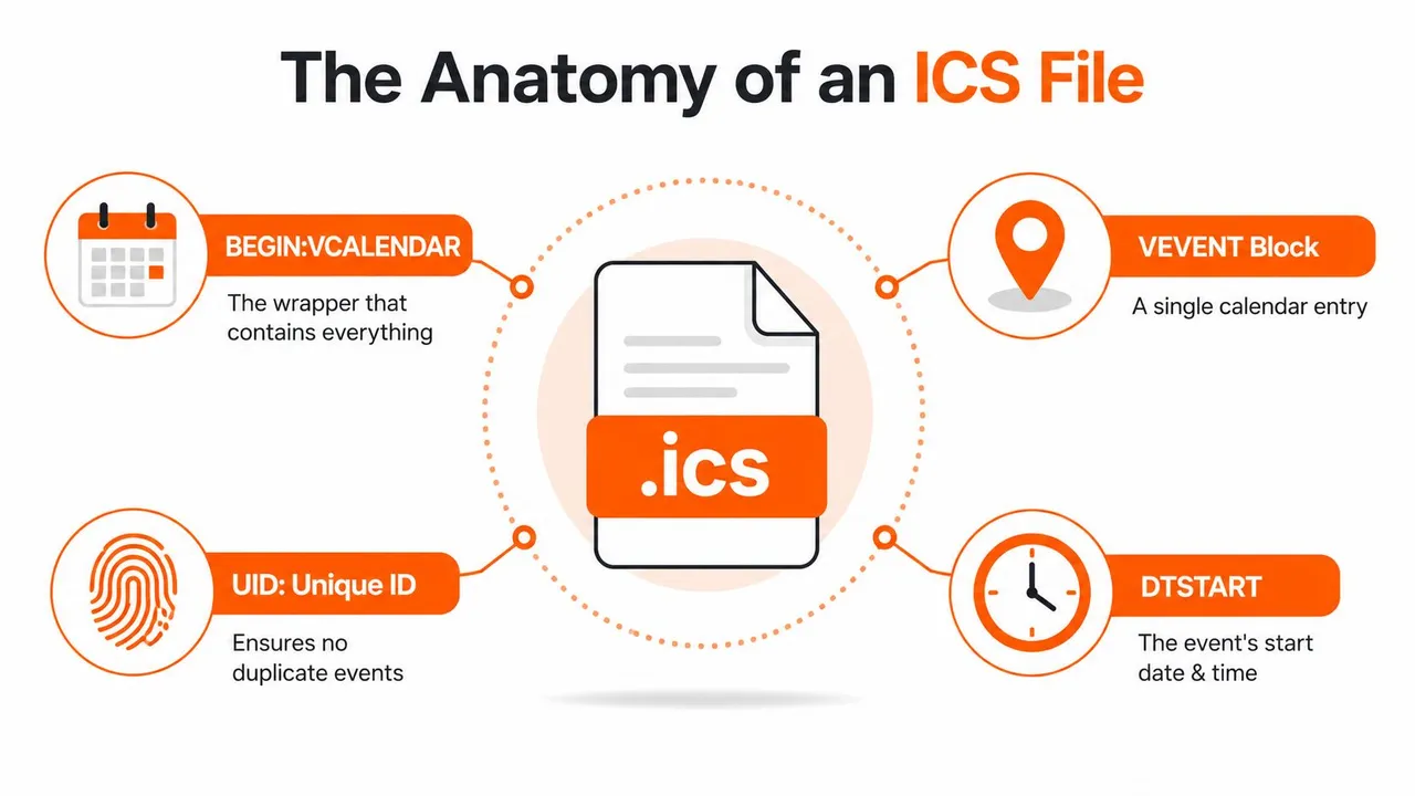 ICSファイルの構造と題されたインフォグラフィック。VCALENDAR、VEVENT、UID、DTSTARTなどの重要なコンポーネントを説明。