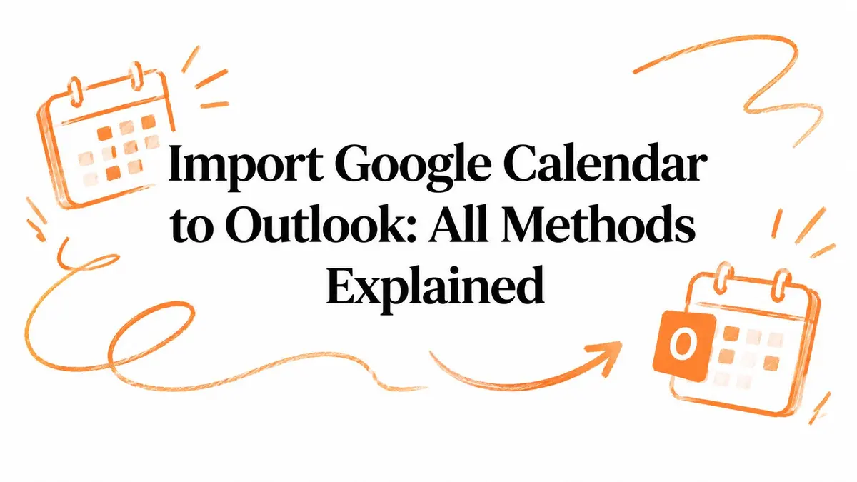Illustration mit einem Google Calendar Symbol, das sich auf ein Outlook Symbol zubewegt, mit dem Text Import Google Calendar to Outlook.