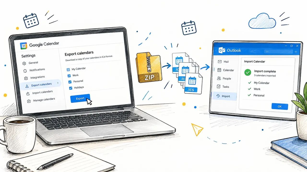 Illustration, die den Export von Google Calendar Daten als ZIP Datei und den Import in Outlook zeigt.
